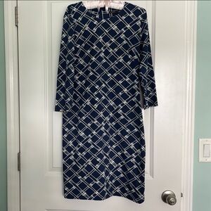 J. McLaughlin blue & off white bamboo print  dress w/ back zip, size small